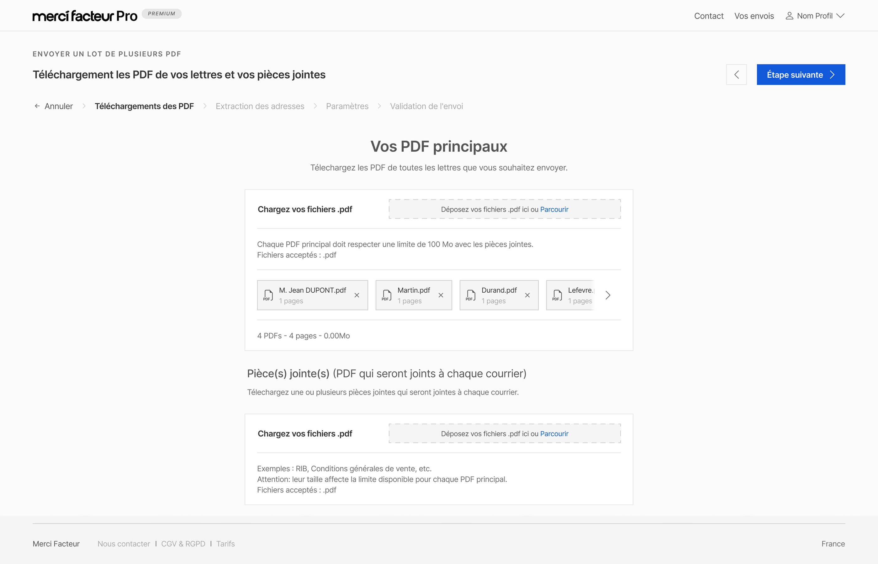 Écran Merci Facteur Pro : téléversement d'un lot de PDF de lettres et de pièces jointes