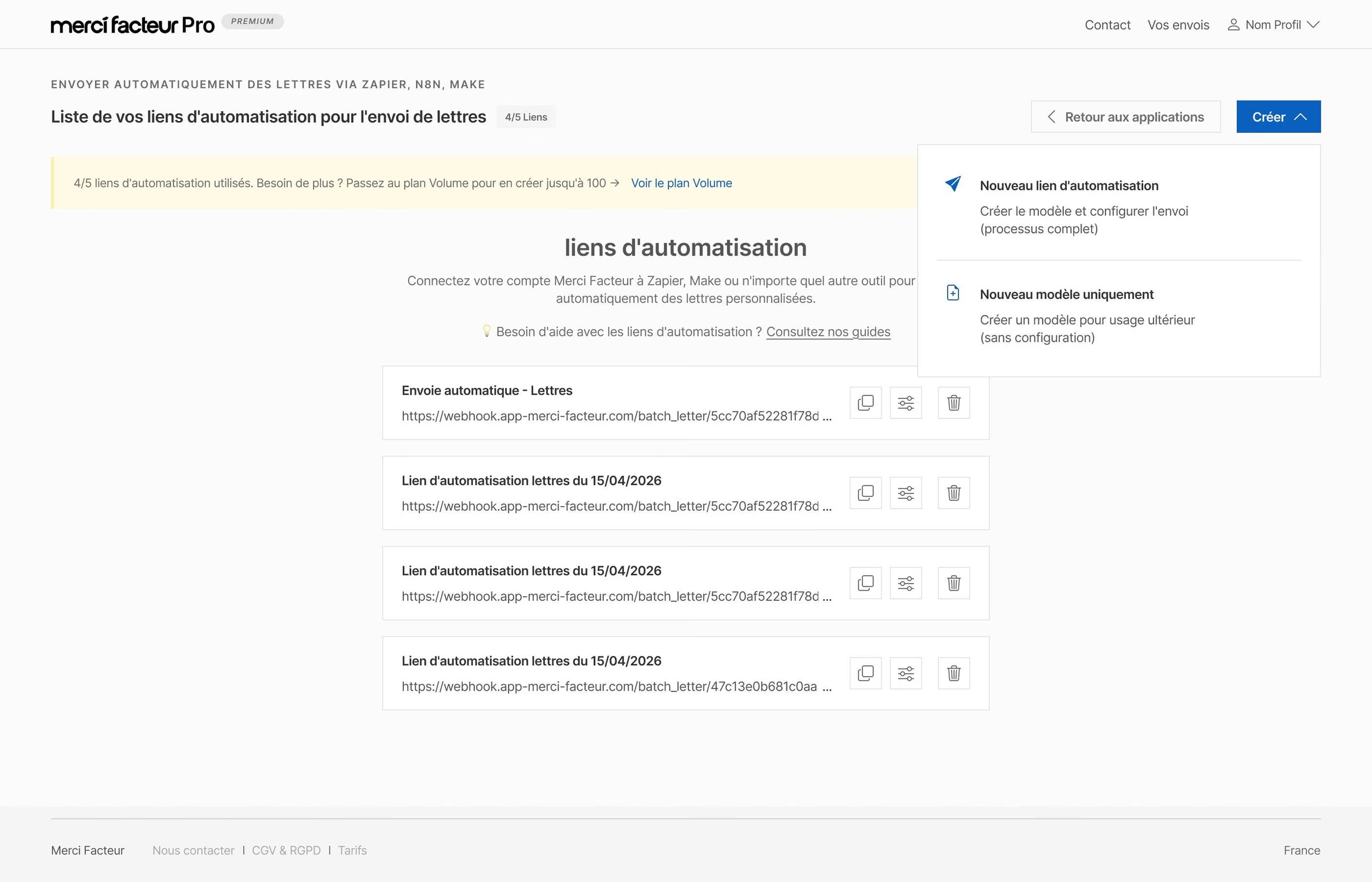 Écran Merci Facteur Pro : liste des liens d'automatisation pour l'envoi de lettres