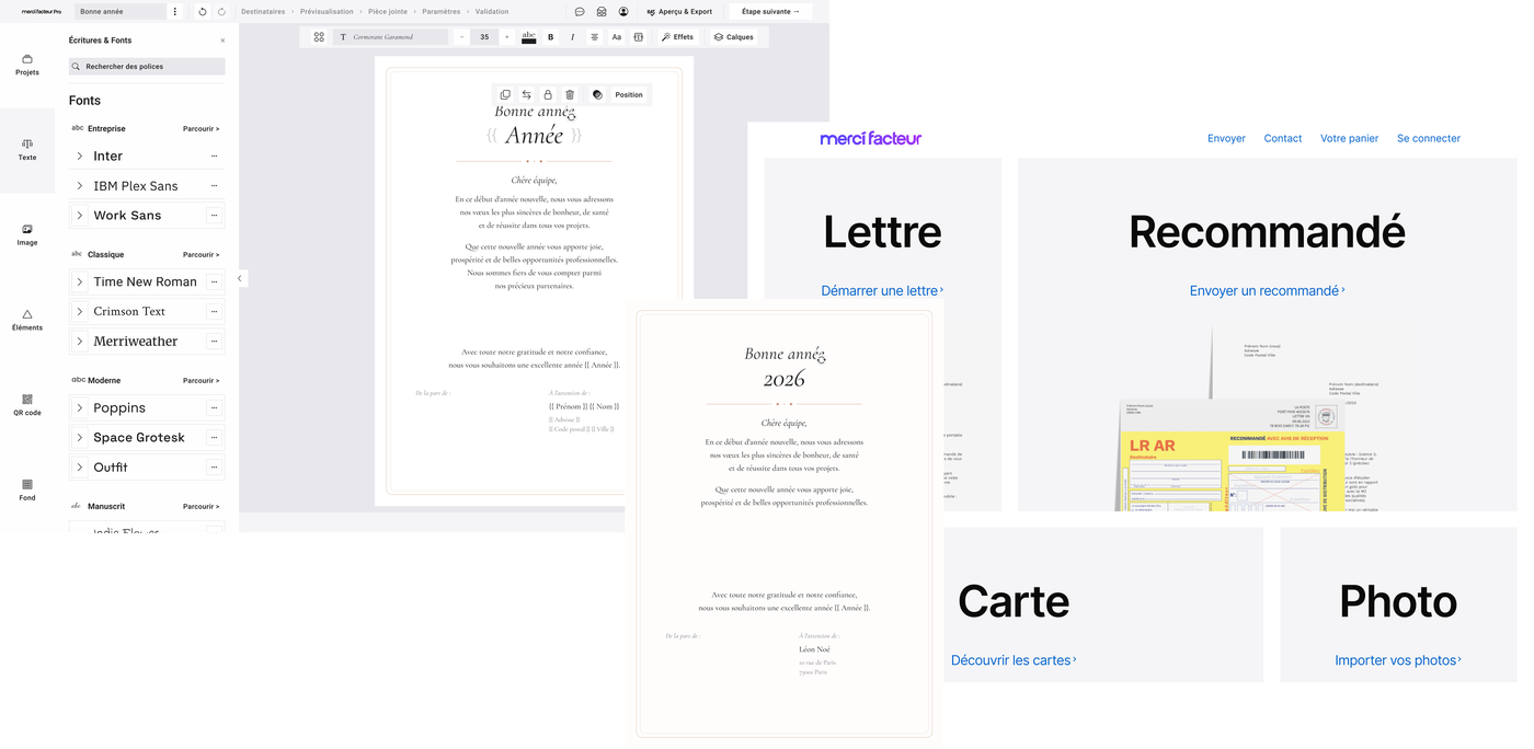 Planche des gabarits Merci Facteur Pro : l'éditeur de courrier, deux modèles de lettre et les entrées du site